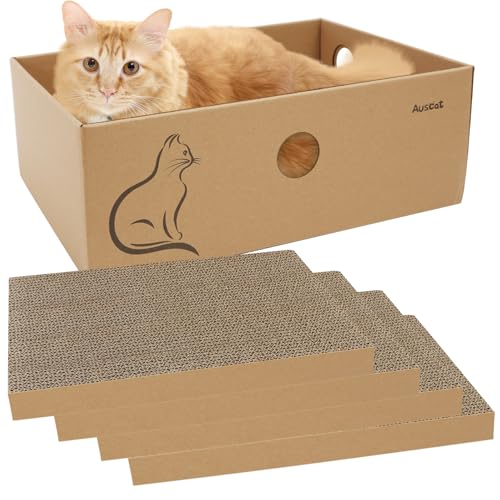 AUSCAT Kratzbrett Katze mit Box, 4 STK. Doppelseitige Kratzpappe für Katzen, Wellpappe Kratzbrett für Katzen Indoor, 37x27x13 cm AUSCAT Kratzbrett Katze mit Box, 4 STK. Doppelseitige Kratzpappe für Katzen, Wellpappe Kratzbrett für Katzen Indoor, 37x27x13 cm von AUSCAT