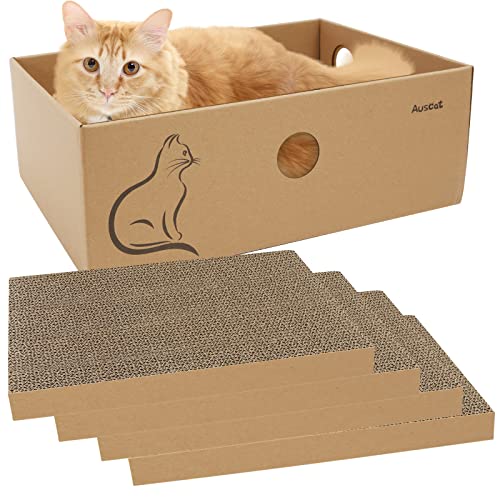 AUSCAT Kratzbretter mit Box für Katzen, 4 STK. Doppelseitige Kratzbretter für Katzen, Kratzpappe aus Wellpappe Indoor für Katzen zum Ausruhen und Spielen von AUSCAT
