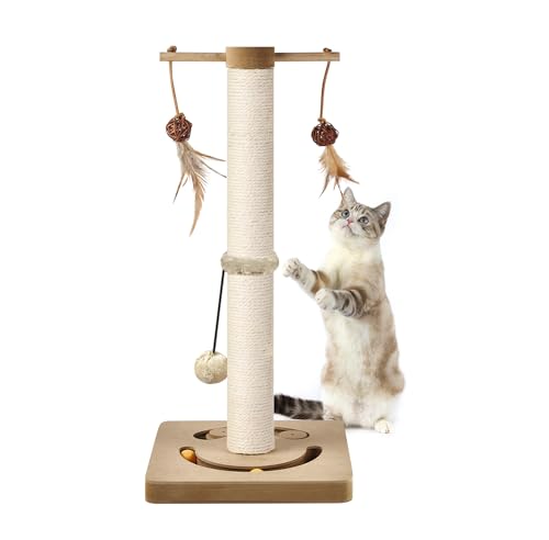 AUSCAT Kratzsäule für Katzen, Kratzbaum mit Verschiedenen Interaktiven Spielzeug, Kratzstamm mit Natürlichem Sisalseil in Modernem Design- 63cm Beige von AUSCAT