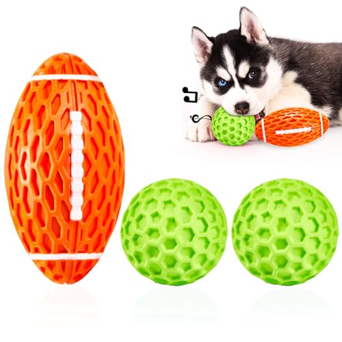 AUSCAT Quietschende Gummi-Hundespielzeugbälle, unzerstörbares Hundespielzeug für aggressive Kauer, interaktiver Apportierball für kleine, mittelgroße Hunde, 10,4 cm orangefarbenes Rugby und 5,3 cm von AUSCAT