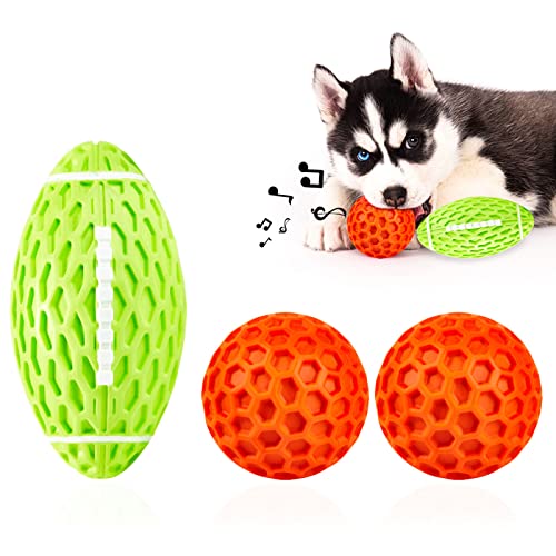 AUSCAT Quietschende Gummi-Hundespielzeugbälle, unzerstörbares Welpenspielzeug für aggressive Kauer, interaktiver Apportierball für kleine, mittelgroße Hunde, 10,4 cm grünes Rugby und 5,3 cm von AUSCAT