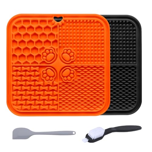AUSYIWI Pack von 2 Lick Mat für Hunde und Katzen, Premium Lick Mat mit Saugnapf für Hundeangst, Slow Feeder Hundeschüssel, Bad, Pflege und Training für Welpen (Schwarz + Orange, 20 * 20cm) von AUSYIWI