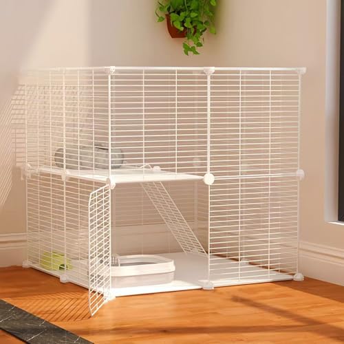 AUTO HIGH Katzengehege, DIY-Kätzchenhaus mit dichtem Metalldraht, 2-stöckiger Katzenlaufstall mit 2 Türen, 1 Leiter für Frettchen, Kätzchen, Häschen, Chinchilla, Größe 70 x 70 x 70 cm, Weiß von AUTO HIGH