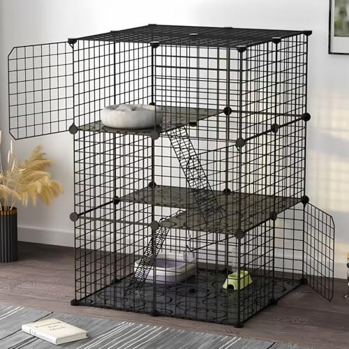 AUTO HIGH Katzenkäfig, Gehege, Katzenlaufstall zum Selbermachen, Abnehmbarer Metalldrahtkäfig, 70 x 70 x 105 cm, für 1–2 Katzen, 3-stöckig mit 3 Türen, 2 Leitern, 1 Hängematte und Oberlicht, schwarz von AUTO HIGH