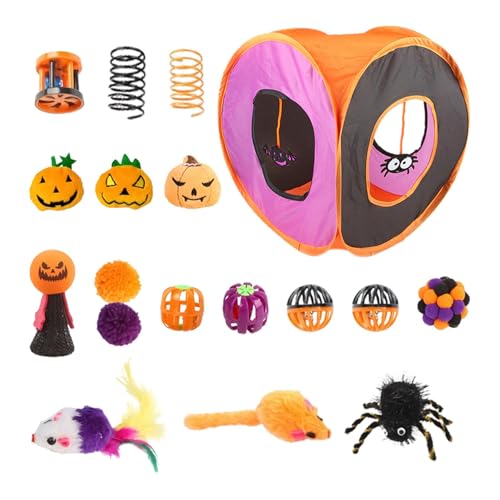 AUTOECHO Katzenspielzeug für den Innenbereich, Kitten Starter Kit Bundle - Süßes Katzenspieltunnelspielzeug,Halloween-Katzen-Federstab, Ball, Frühlingsmäusespielzeug, faltbares quadratisches von AUTOECHO