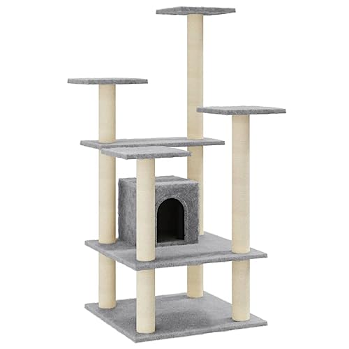 AUVYI Aktivitätskratzbäum mit Sisal-Kratzsäulen Hellgrau 60,5x60x110 cm Holz&Plüsch Kratzbaume Indoor Tätigkeitsbereich für Haustiere für Katzen zum Kratzen, Klettern, Sitzen, Verstecken von AUVYI