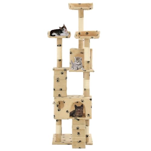 AUVYI Aktivitätskratzbäum mit Sisal-Säulen Beige mit Pfoten-Muster 50x50x170 cm Katzen-Spielplatz mit Aussichtsplattformen Ruhebereiche Kratzen Klettern Tätigkeitsbereich für Haustiere von AUVYI