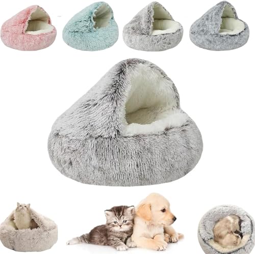 AUWIRUG Cozy Cocoon Pet Bed for Dogs, Cozy Cocoon Pet Bed, Winter Pet Plush Bed, Cat Bed Round Hooded Cat Bed Cave, Winter Pet Beds for Indoor Cats Or Small Dog Beds (40cm,Gray Long Plush) von AUWIRUG
