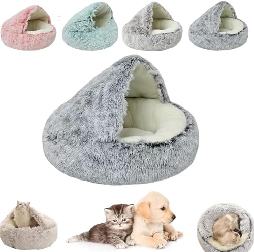 AUWIRUG Cozy Cocoon Pet Bed for Dogs, Cozy Cocoon Pet Bed, Winter Pet Plush Bed, Cat Bed Round Hooded Cat Bed Cave, Winter Pet Beds for Indoor Cats Or Small Dog Beds (40cm,Gray Short Plush) von AUWIRUG