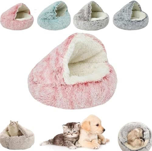 AUWIRUG Cozy Cocoon Pet Bed for Dogs, Cozy Cocoon Pet Bed, Winter Pet Plush Bed, Cat Bed Round Hooded Cat Bed Cave, Winter Pet Beds for Indoor Cats Or Small Dog Beds (50cm,Pink Long Velvet) von AUWIRUG