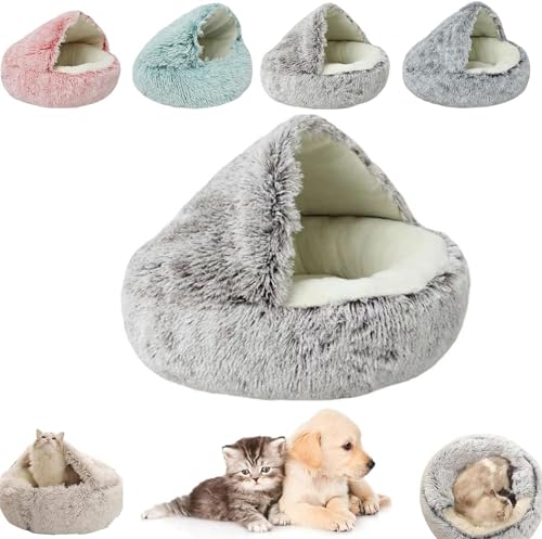 AUWIRUG Cozy Cocoon Pet Bed for Dogs, Cozy Cocoon Pet Bed, Winter Pet Plush Bed, Cat Bed Round Hooded Cat Bed Cave, Winter Pet Beds for Indoor Cats Or Small Dog Beds (60cm,Coffee Short Velvet) von AUWIRUG