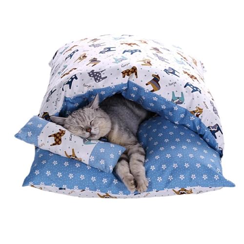 AUklOPVZZ Warmer und bequemer halbgeschlossener Katzenschlafsack für Katzen, warmes Katzennest im Herbst und Winter, Polyester Haustiermatte, leicht zu reinigen, Blau, L von AUklOPVZZ