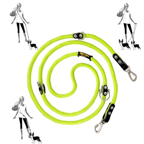Freihändige Hundeleine, Mehrfachposition, für 2 Hunde, Nylon mit Leder. Grün Fluor & Schwarz von AVANZONA