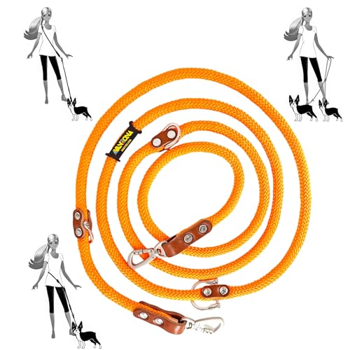 Freihändige Hundeleine, Mehrfachposition, für 2 Hunde, Nylon mit Leder. Orange & Cognac von AVANZONA