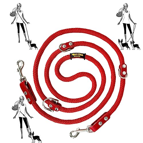Freihändige Hundeleine, Mehrfachposition, für 2 Hunde, Nylon mit Leder. Rot&Rot von AVANZONA