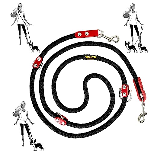 Freihändige Hundeleine, Mehrfachposition, für 2 Hunde, Nylon mit Leder. Schwarz&Rot von AVANZONA