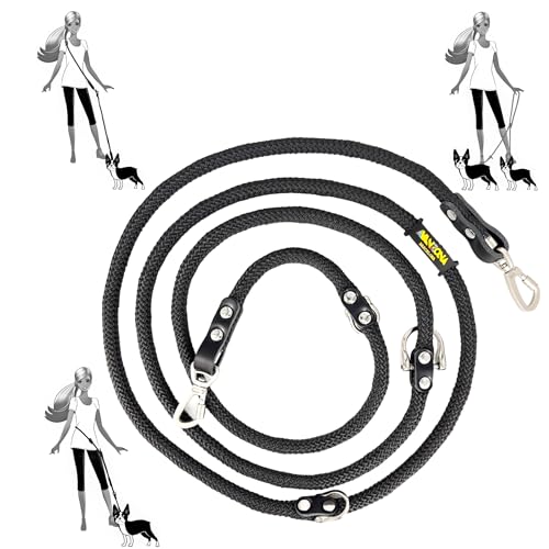 Freihändige Hundeleine, Mehrfachposition, für 2 Hunde, Nylon mit Leder. Schwarz&Schwarz von AVANZONA