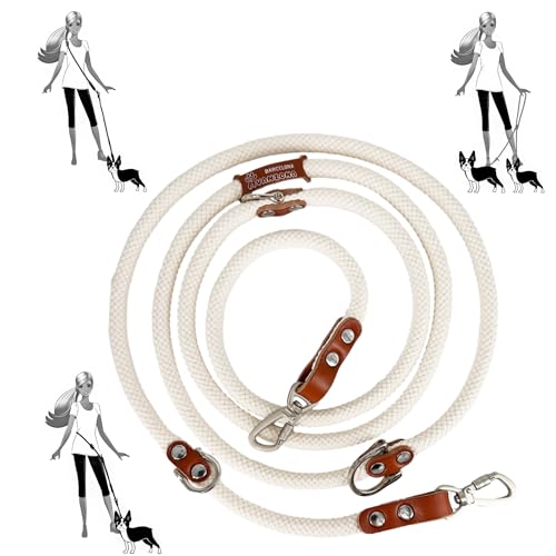 Handsfree Hundeleine, multifunktional, mehrere Positionen, Baumwolle mit Leder, 2 Hunde, kleine, mittlere und große Hunde. Weiß&Cognac von AVANZONA
