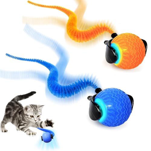 AVCXEC 2 Stück Powerball Katze mit USB und LED Leuchten, Katzenspielzeug Ball Elektrisch, Interaktiver Spielball für Katzen, Power Ball für Katzens, Interaktiver Spielball mit Schwanz für Katzens von AVCXEC