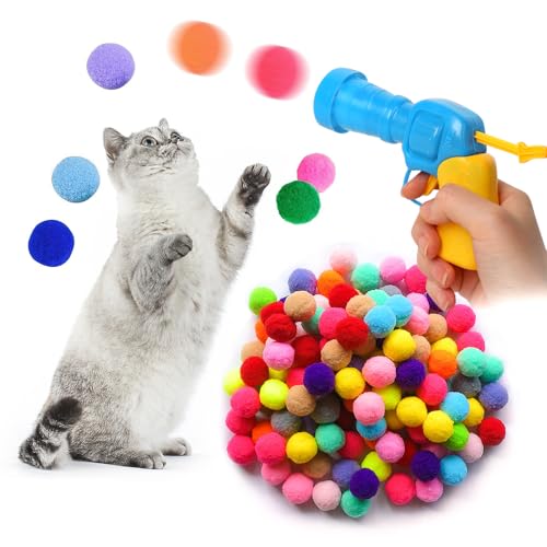 AVCXEC Katzenspielzeug 100 Bälle, Interaktives Katzenspielzeug, Cat Toy,Interaktivesspielzeug für Katzen, plüschball Katze Shooting Gun für lindert Depressionen für Katzen und Kätzchen von AVCXEC