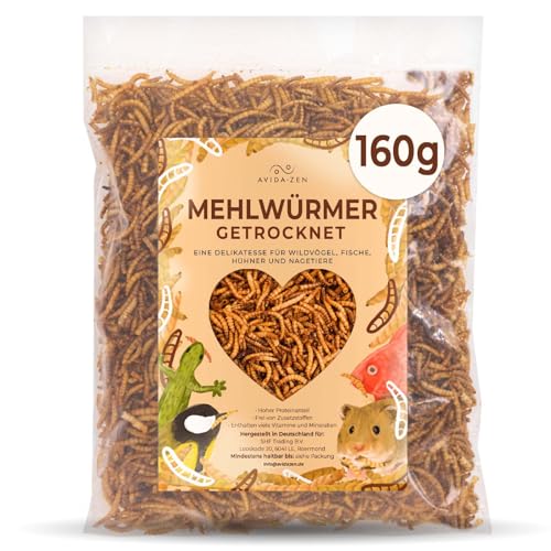 160g Mehlwürmer getrocknet, ideal als Wildvogelfutter und Igelfutter, 160g (entspricht 1 Liter!) getrocknete Mehlwürmer, nährstoffreicher Snack für Nager und Reptilien von AVIDA ZEN