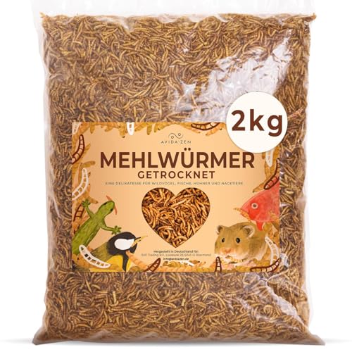 Mehlwürmer getrocknet, 2kg (entspricht 13 Litern) getrocknete Mehlwürmer, proteinreicher Snack für Wildvögel, Fische, Reptilien und Nager von AVIDA · ZEN