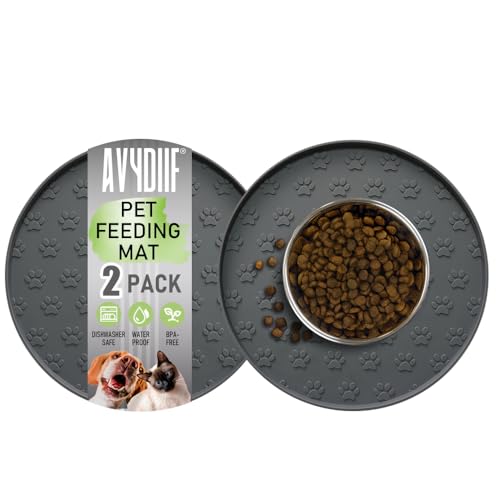 AVYDIIF 2 stück Napfunterlage für Hund Katzen[28cm x 28cm], hundenapf unterlage fressnapf Hund Futtermatten aus Silikon wasserdichte rutschfeste Fressnapf mit Rand, Spülmaschinenfest (2 Grau) von AVYDIIF