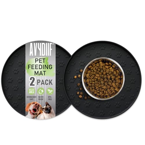 AVYDIIF 2 stück Napfunterlage für Hund Katzen[28cm x 28cm], hundenapf unterlage fressnapf Hund Futtermatten aus Silikon wasserdichte rutschfeste Fressnapf mit Rand, Spülmaschinenfest (2 Schwarz) von AVYDIIF