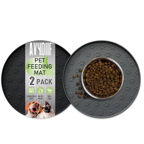 AVYDIIF 2 stück Napfunterlage für Hund Katzen[28cm x 28cm], hundenapf unterlage fressnapf Hund Futtermatten aus Silikon wasserdichte rutschfeste Fressnapf mit Rand, Spülmaschinenfest (Schwarz+Grau) von AVYDIIF