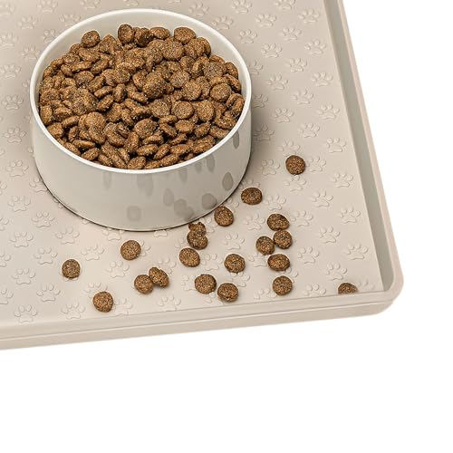 Napfunterlage für Hunde, Futtermatten für Hunde und Katzen rutschfeste Futtermatte aus Silikon - wasserdichte Unterlage mit Rand, spülmaschinenfest(M: 48×30cm, Beige) von AVYDIIF