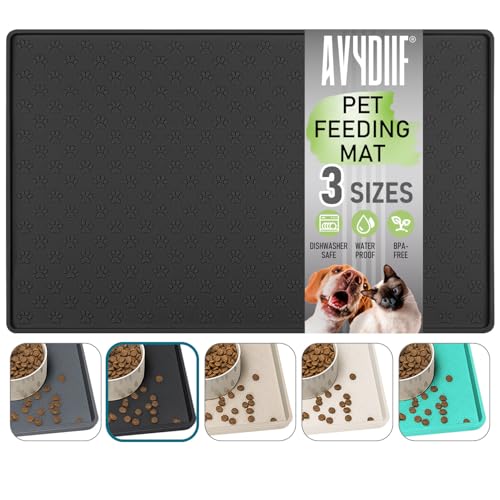 AVYDIIF Napfunterlage für Hunde, Futtermatten für Hunde und Katzen rutschfeste Futtermatte aus Silikon - wasserdichte Unterlage mit Rand, spülmaschinenfest(M: 48×30cm, Schwarz) von AVYDIIF