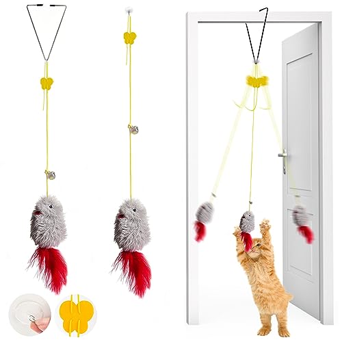 AVYDIIF Interaktives Katzen Federspielzeug, selbstspielendes 2-Wege-Katzenspielzeug zum Aufhängen an der Tür, einziehbares Katzenspielzeug mit Glocke für Katzen im Innenbereich (Grau (2er-Pack)) von AVYDIIF