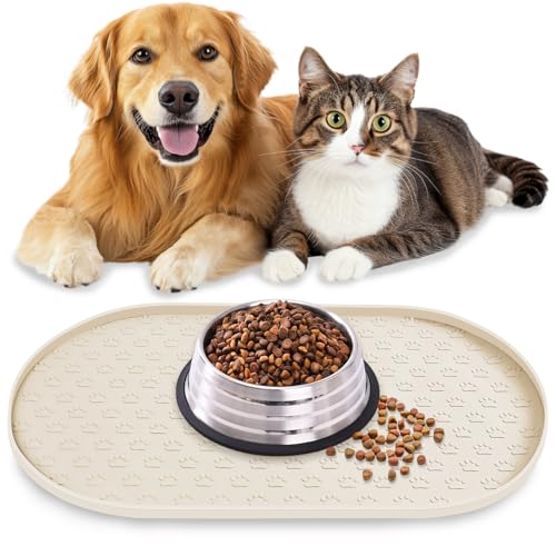 Napfunterlage Hund Katzen, rutschfeste Futtermatte Silikon für Hundenapf Katzennapf, 100% wasserdichte Haustierfutter Matte mit Erhöhten Rändern, Spülmaschinenfest (Beige, M: 48 * 30cm) von AVYDIIF