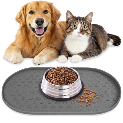 AVYDIIF Napfunterlage Hund Katzen, rutschfeste Futtermatte Silikon für Hundenapf Katzennapf, 100% wasserdichte Haustierfutter Matte mit Erhöhten Rändern, Spülmaschinenfest (Grau, M: 48 * 30cm) von AVYDIIF