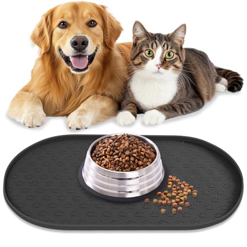 AVYDIIF Napfunterlage Hund Katzen, rutschfeste Futtermatte Silikon für Hundenapf Katzennapf, 100% wasserdichte Haustierfutter Matte mit Erhöhten Rändern, Spülmaschinenfest (Schwarz, M: 48 * 30cm) von AVYDIIF