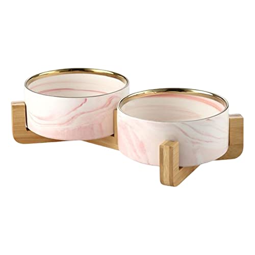 AWHAO Marmor Keramik Napfschale für Katzen Und Hunde mit Holzständer, Kein Verschütten von Haustierfutter, Wasserspender für Katzen Und Kleine Hunde, Rosa, Doppelschüssel AWHAO Marmor Keramik Napfschale für Katzen Und Hunde mit Holzständer, Kein Verschütten von Haustierfutter, Wasserspender für Katzen Und Kleine Hunde, Rosa, Doppelschüssel von AWHAO