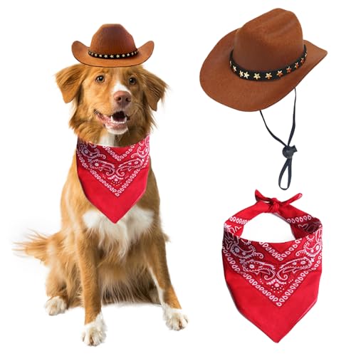 AWOCAN Cowboyhut für Hunde und Katzen, mit Bandana-Schal, Mini-Haustierkostüm für Halloween, Urlaub, Party-Dekoration (braun, groß) von AWOCAN