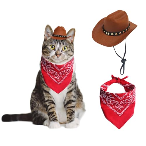AWOCAN Cowboyhut für Hunde und Katzen, mit Bandana-Schal, Mini-Haustierkostüm für Halloween, Urlaub, Party-Dekoration (Braun, klein) von AWOCAN