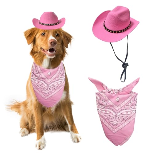AWOCAN Cowboyhut für Hunde und Katzen mit Bandana-Schal, Mini-Haustierkostüm für Urlaub, Halloween, Party-Dekoration (Rosa, Größe L) von AWOCAN