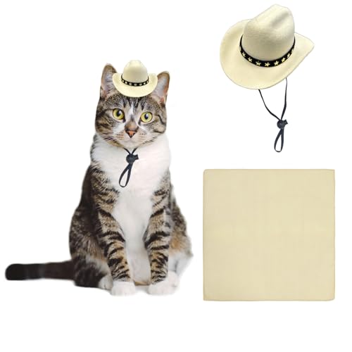 AWOCAN Cowboyhut für Hunde und Katzen, mit Bandana, Schal, Mini-Cowboyhut, Cowboy-Kostüm für Hunde, Katzen, Urlaub, Halloween, Haustier-Party-Dekoration (Beige-Stil2, klein) von AWOCAN
