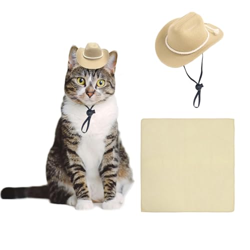 AWOCAN Cowboyhut für Hunde und Katzen, mit Bandana, Schal, Mini-Cowboyhut, Cowboy-Kostüm für Hunde, Katzen, Urlaub, Halloween, Haustier-Party-Dekoration (Beige-Stil3, klein) von AWOCAN