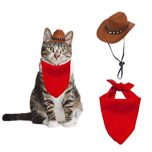 AWOCAN Cowboyhut für Hunde und Katzen, mit Bandana, Schal, Mini-Cowboyhut, Cowboy-Kostüm für Hunde, Katzen, Urlaub, Halloween, Haustier-Party-Dekoration (Braun, Größe 2, klein) von AWOCAN