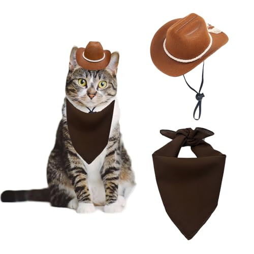 AWOCAN Cowboyhut für Hunde und Katzen, mit Bandana, Schal, Mini-Cowboyhut, Cowboy-Kostüm für Hunde, Katzen, Urlaub, Halloween, Haustier-Party-Dekoration (Braun, Größe 3, klein) von AWOCAN