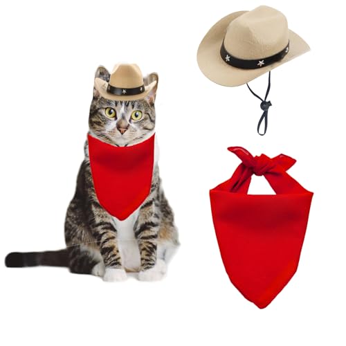 AWOCAN Cowboyhut für Hunde und Katzen, mit Bandana, Schal, Mini-Cowboyhut, Cowboy-Kostüm für Hunde, Katzen, Urlaub, Halloween, Haustier-Party-Dekoration (Khaki-Stil1, Größe S) von AWOCAN
