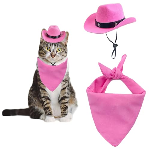 AWOCAN Cowboyhut für Hunde und Katzen, mit Bandana, Schal, Mini-Cowboyhut, Cowboy-Kostüm für Hunde, Katzen, Urlaub, Halloween, Haustier-Party-Dekoration (Rosa, Stil 1, klein) von AWOCAN