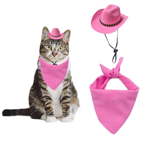 AWOCAN Cowboyhut für Hunde und Katzen, mit Bandana, Schal, Mini-Cowboyhut, Cowboy-Kostüm für Hunde, Katzen, Urlaub, Halloween, Haustier-Party-Dekoration (Rosa, Stil 2, klein) von AWOCAN
