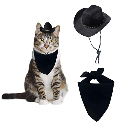 AWOCAN Cowboyhut für Hunde und Katzen, mit Bandana, Schal, Mini-Cowboyhut, Cowboy-Kostüm für Hunde, Katzen, Urlaub, Halloween, Haustier-Party-Dekoration (Schwarz, Größe 2, Größe S) von AWOCAN