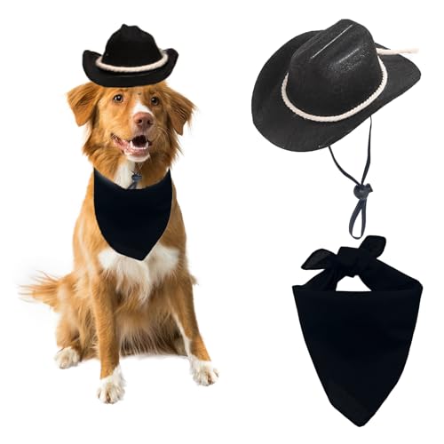 AWOCAN Cowboyhut für Hunde und Katzen, mit Bandana, Schal, Mini-Cowboyhut, Cowboy-Kostüm für Hunde, Katzen, Urlaub, Halloween, Haustier-Party-Dekoration (Schwarz, Größe 3, Größe S) von AWOCAN