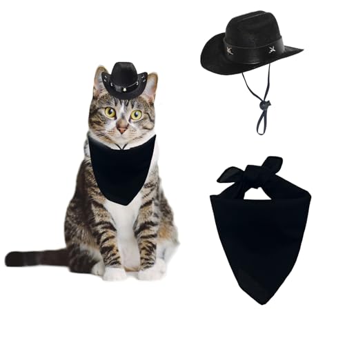AWOCAN Cowboyhut für Hunde und Katzen, mit Bandana, Schal, Mini-Cowboyhut, Cowboy-Kostüm für Hunde, Katzen, Urlaub, Halloween, Haustier-Party-Dekoration (Schwarz, Stil 1, klein) von AWOCAN
