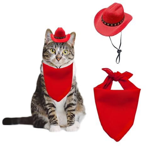 AWOCAN Cowboyhut für Hunde und Katzen, mit Bandana, Schal, Mini-Cowboyhut, Cowboy-Kostüm für Hunde, Katzen, Urlaub, Halloween, Haustier-Party-Dekoration (rot-style2, klein), 2 Stück von AWOCAN